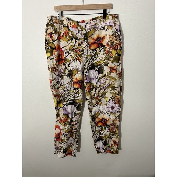 CHICO'S 100% Linen Floral Botanical Elastic Waist Pull On Pants Sz 2.5R - Picture 1 of 11